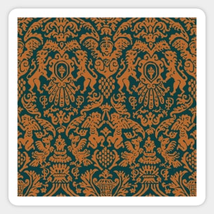 Gold on Teal Weird Medieval Lions, Cherubs, and Skulls Scrollwork Damask Sticker